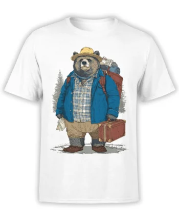 Traveling bear in a yellow hat and blue jacket with a backpack and suitcase on a white T-shirt