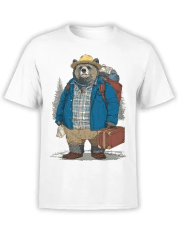 Traveling bear in a yellow hat and blue jacket with a backpack and suitcase on a white T-shirt