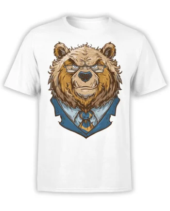 White T-shirt featuring a brown bear in glasses, a blue suit, and a striped tie