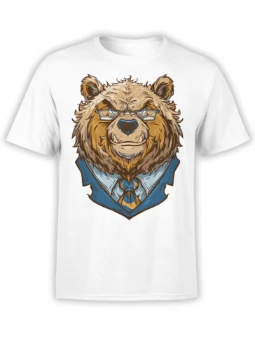 White T-shirt featuring a brown bear in glasses, a blue suit, and a striped tie