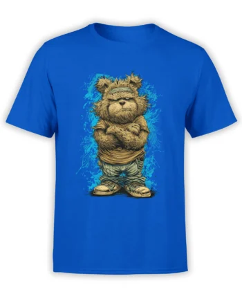 Blue T-shirt with a stern shaggy bear-like character, headband, worn clothes, and turquoise splash artwork