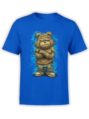 Blue T-shirt with a stern shaggy bear-like character, headband, worn clothes, and turquoise splash artwork