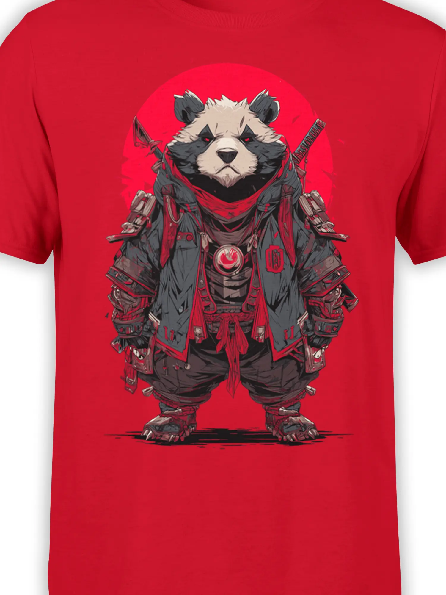 Close-up of the armored panda design with red eyes, dark armor, red scarf, and twin blades on a red shirt