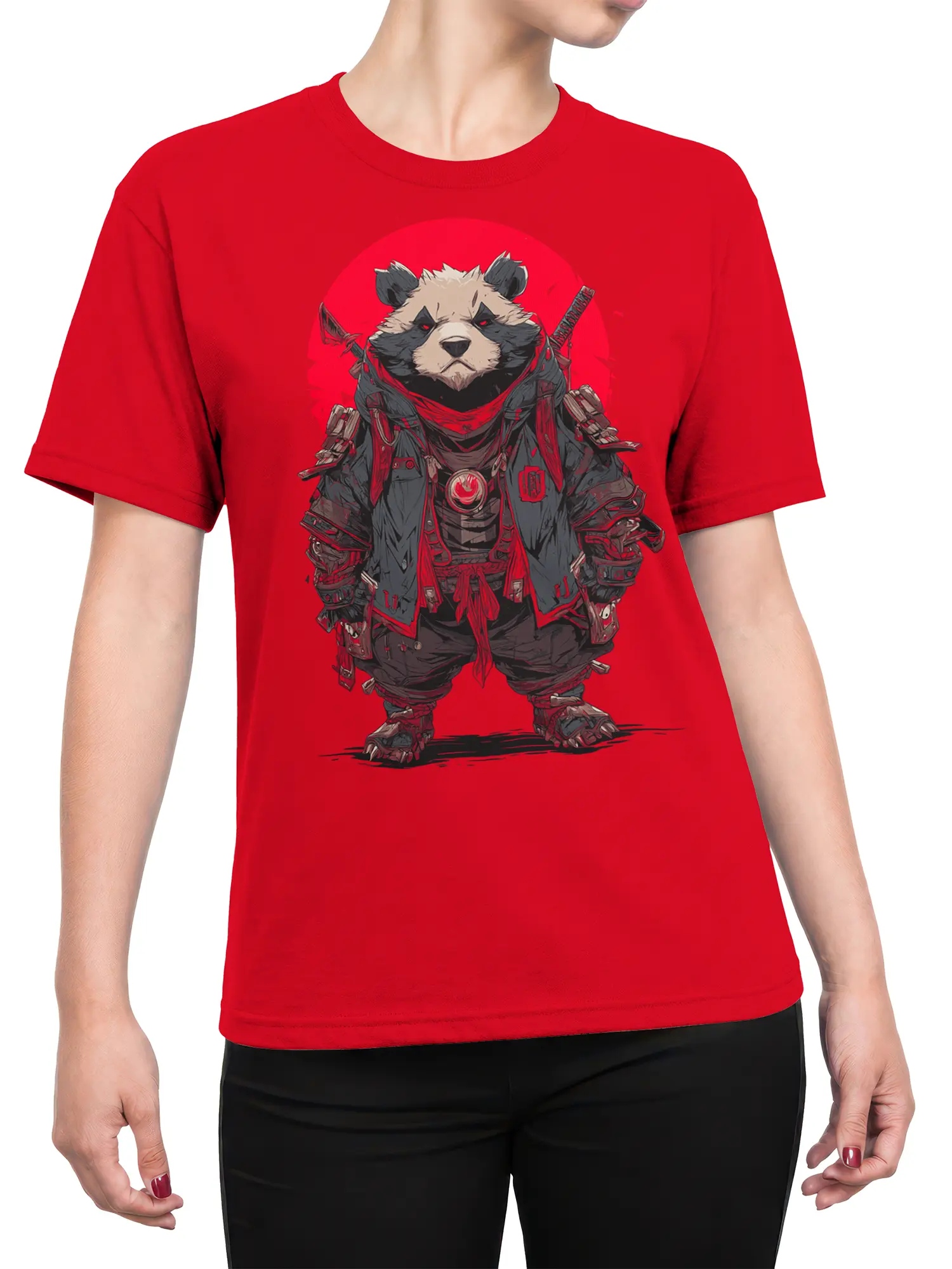 Female torso wearing a red T-shirt with an armored panda, red eyes, battle gear, and twin blades