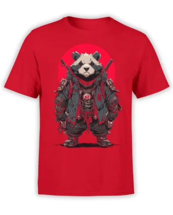 Armored panda with red eyes, dark battle gear, and twin blades printed on a red T-shirt