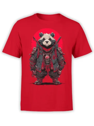 Armored panda with red eyes, dark battle gear, and twin blades printed on a red T-shirt