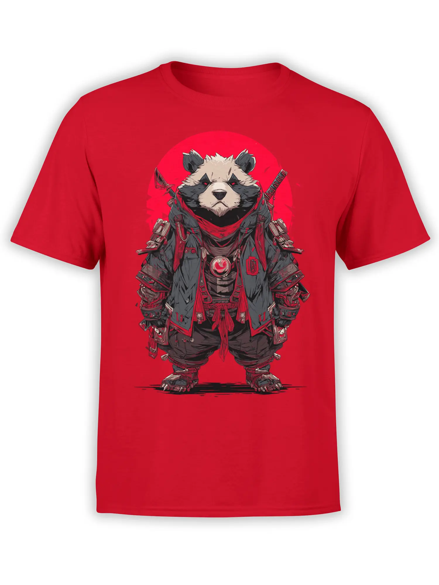 Armored panda with red eyes, dark battle gear, and twin blades printed on a red T-shirt