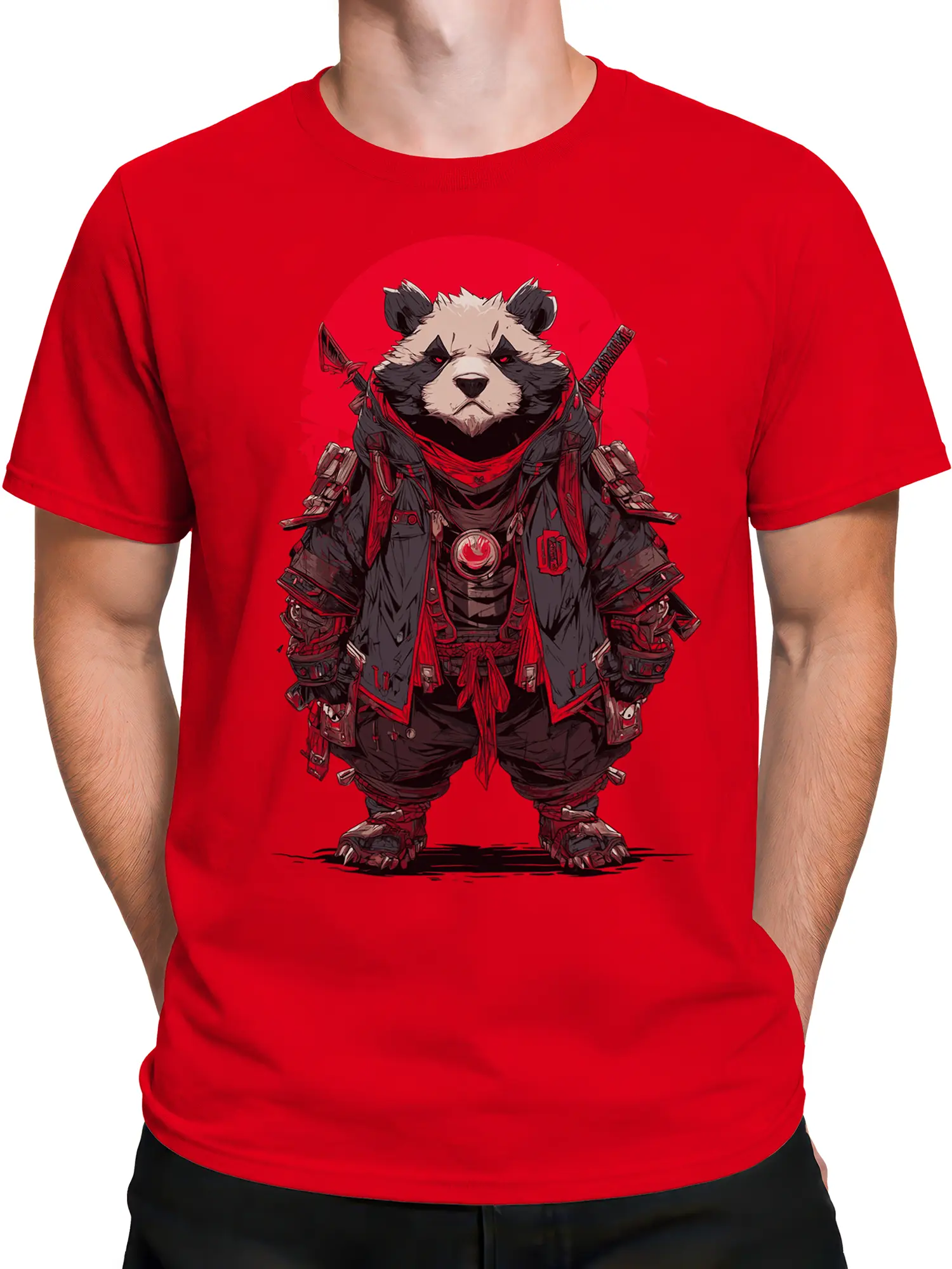 Male torso wearing a red T-shirt with an armored panda warrior graphic and twin blades