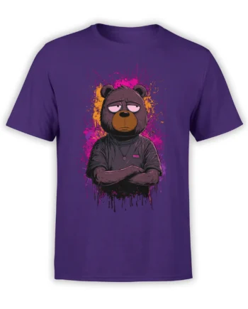 Deadpan brown bear with crossed arms and neon paint splashes printed on a purple T-shirt