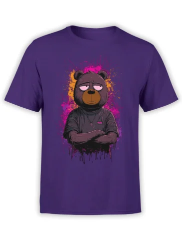 Deadpan brown bear with crossed arms and neon paint splashes printed on a purple T-shirt