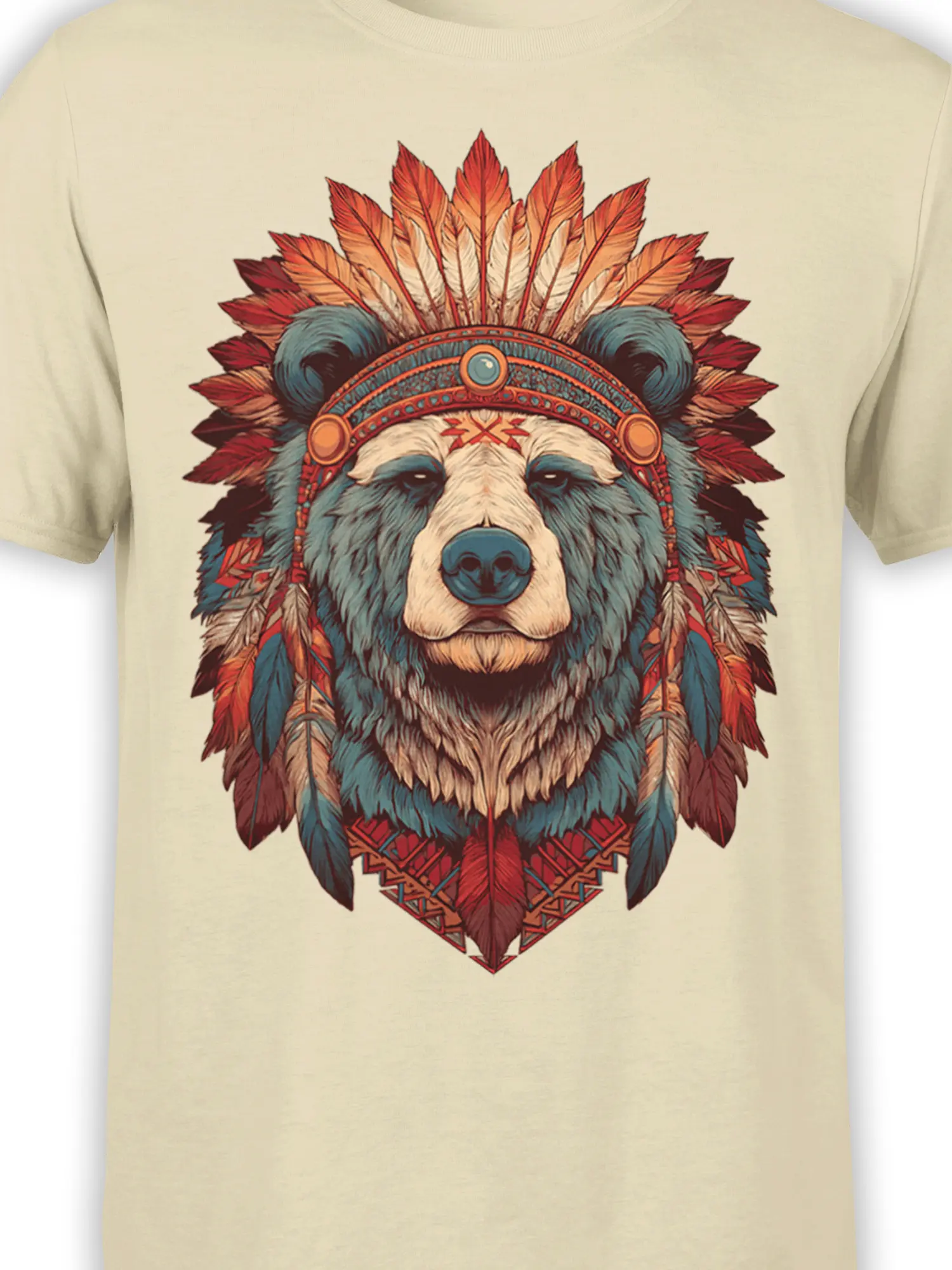 Close-up of the bear portrait, feather headdress, ornate band, and blue-gray fur on a beige shirt