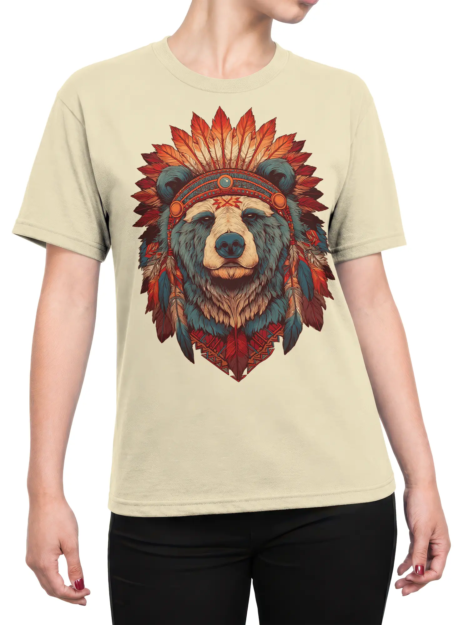 Female torso wearing a beige shirt with a majestic bear portrait and colorful feather headdress design