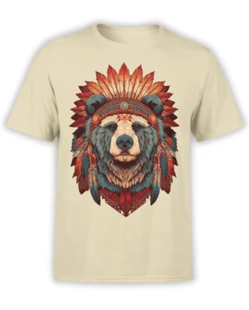 Majestic bear portrait with a red and orange feather headdress printed on a beige shirt