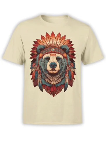 Majestic bear portrait with a red and orange feather headdress printed on a beige shirt
