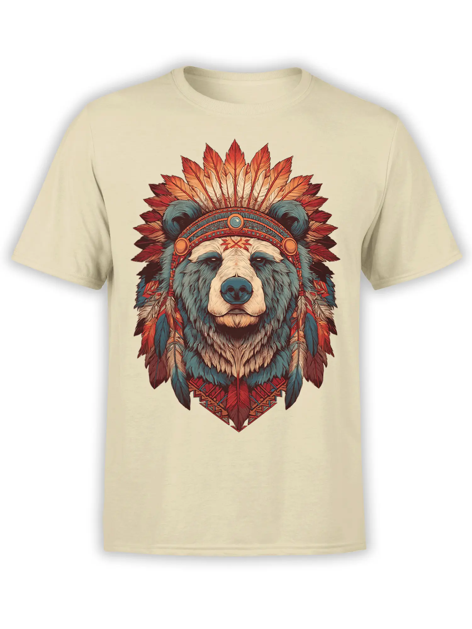 Majestic bear portrait with a red and orange feather headdress printed on a beige shirt