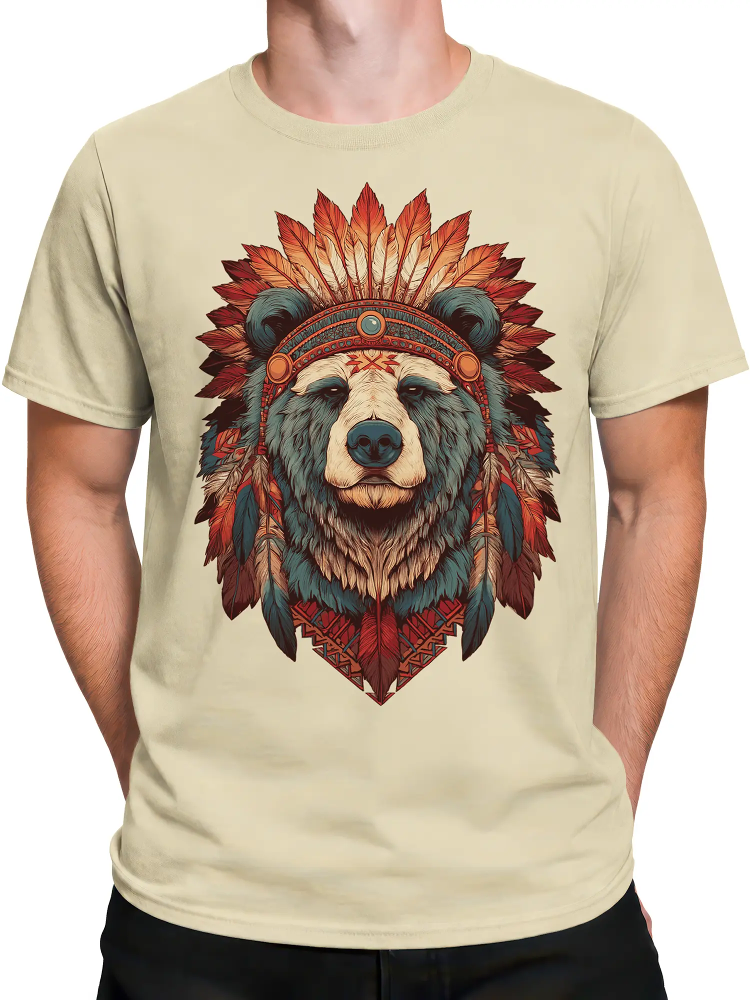 Male torso wearing a beige bear graphic tee with a detailed feather headdress and ornamental artwork