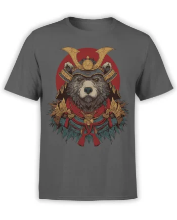 Gray bear in ornate samurai-style armor with gold details and a red backdrop on a T-shirt