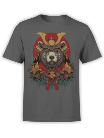 Gray bear in ornate samurai-style armor with gold details and a red backdrop on a T-shirt