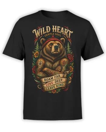 Black bear graphic T-shirt with flowers, mountains, compass, and the words Wild Heart Gentle Soul