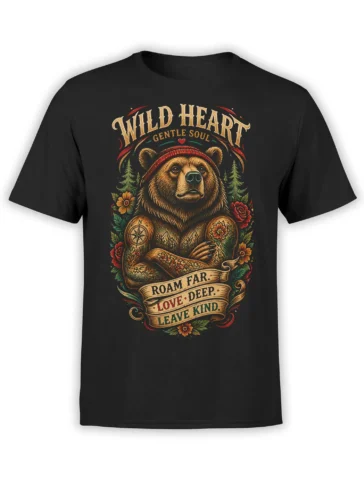 Black bear graphic T-shirt with flowers, mountains, compass, and the words Wild Heart Gentle Soul