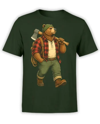 Rugged lumberjack bear graphic wearing a beanie and plaid shirt on a green T-shirt