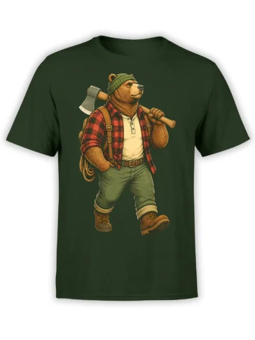 Rugged lumberjack bear graphic wearing a beanie and plaid shirt on a green T-shirt