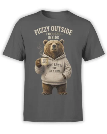 Brown bear coffee design on gray T-shirt with “Fuzzy Outside, Focused Inside” text and steaming mug