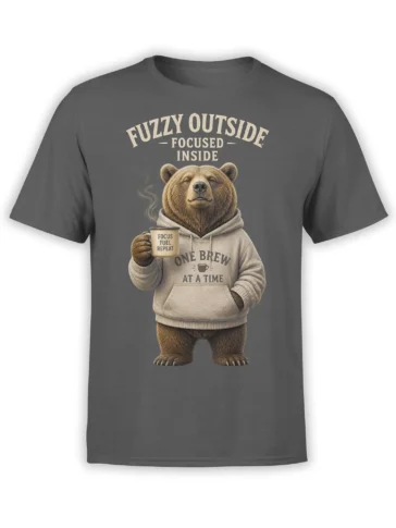 Brown bear coffee design on gray T-shirt with “Fuzzy Outside, Focused Inside” text and steaming mug