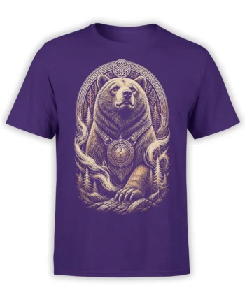 Majestic bear with ornate medallion and pine trees printed on a purple T-shirt