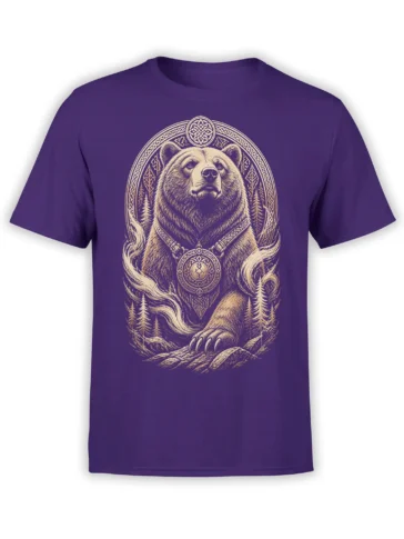 Majestic bear with ornate medallion and pine trees printed on a purple T-shirt