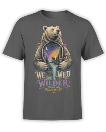Gray bear T-shirt with a moonlit wilderness scene, mushrooms, waterfall, and “We Are Wilder” lettering