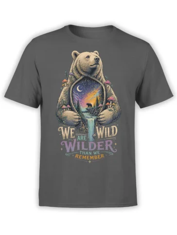 Gray bear T-shirt with a moonlit wilderness scene, mushrooms, waterfall, and “We Are Wilder” lettering
