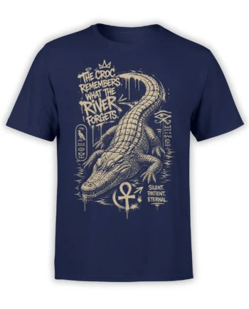 Ancient Egyptian crocodile graphic with ankh and river legend printed on a navy T-shirt