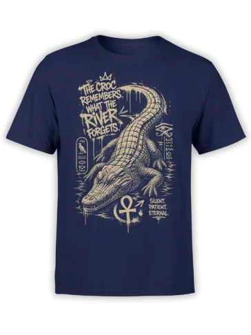 Ancient Egyptian crocodile graphic with ankh and river legend printed on a navy T-shirt