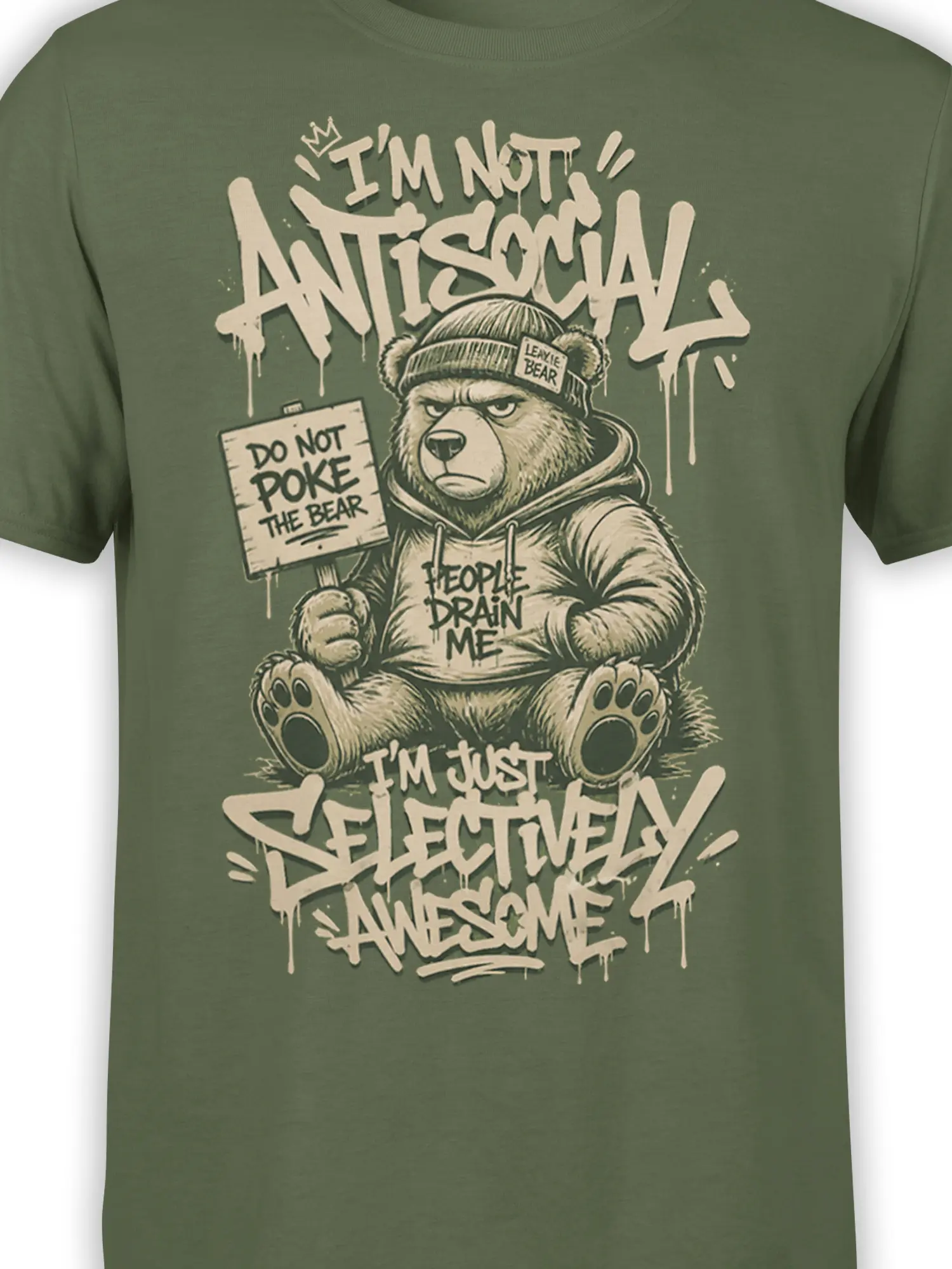 Close-up of bear graphic with beanie, protest sign, and selective awesome text on a green T-shirt