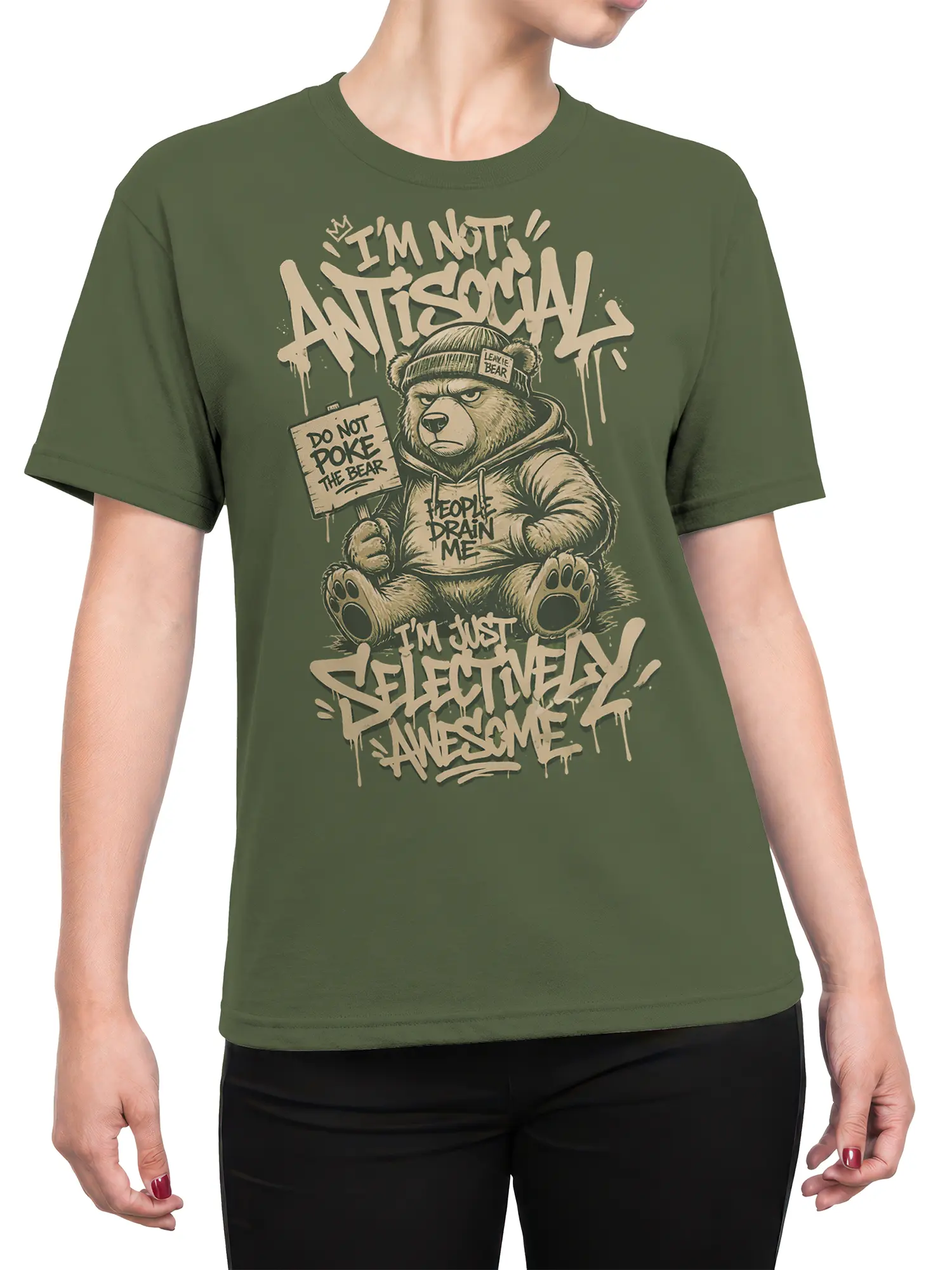 Female torso wearing a green bear T-shirt with sarcastic introvert lettering and a do not poke message