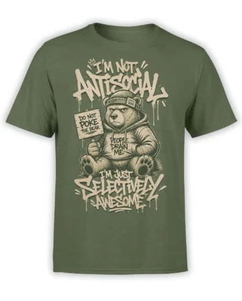 Green bear T-shirt with a beanie-wearing bear, do not poke sign, and sarcastic selective awesome lettering