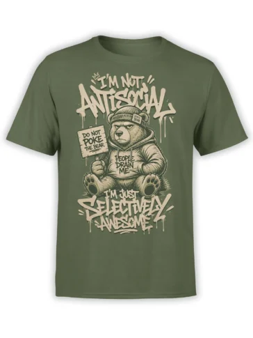 Green bear T-shirt with a beanie-wearing bear, do not poke sign, and sarcastic selective awesome lettering