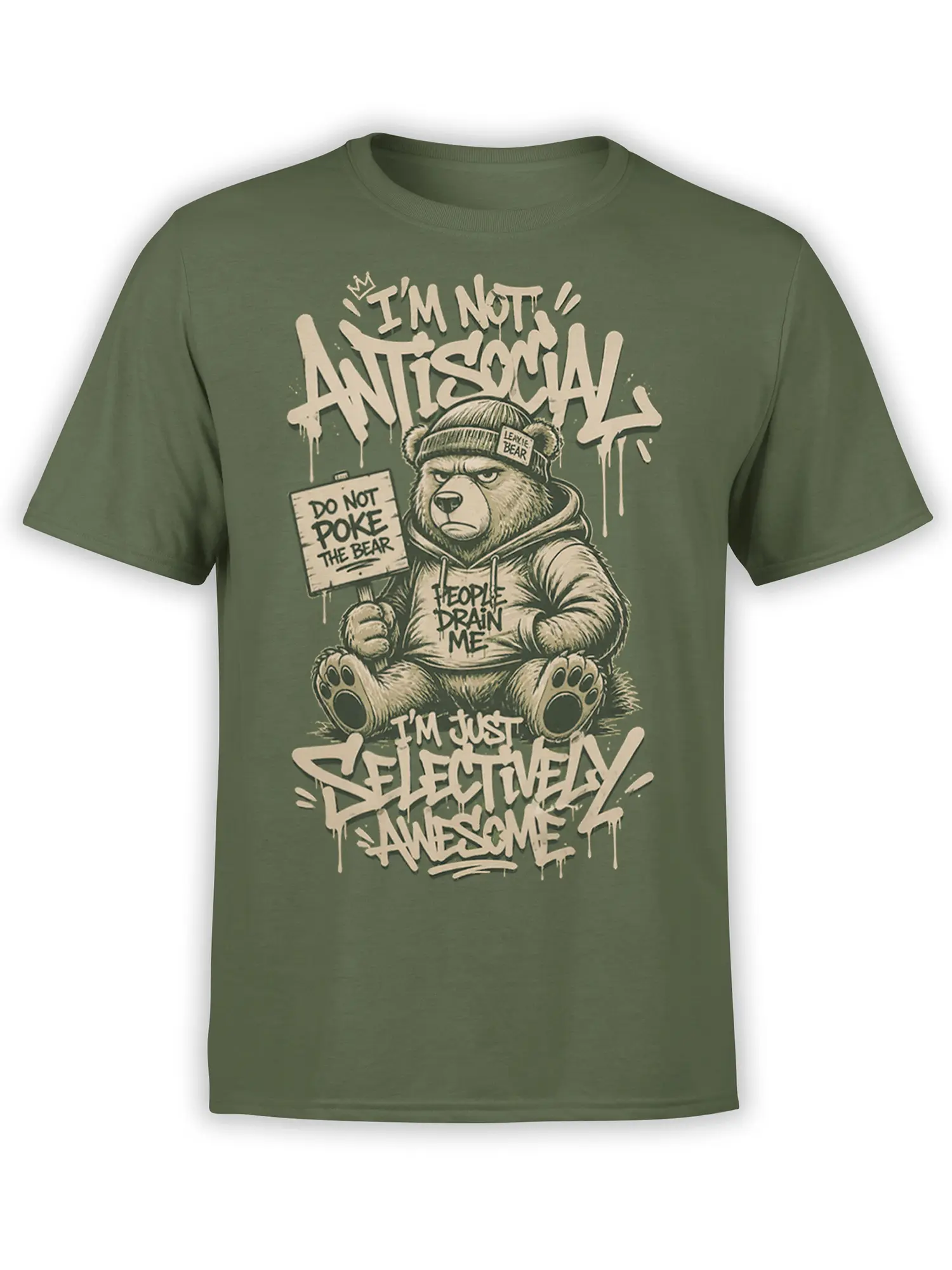 Green bear T-shirt with a beanie-wearing bear, do not poke sign, and sarcastic selective awesome lettering