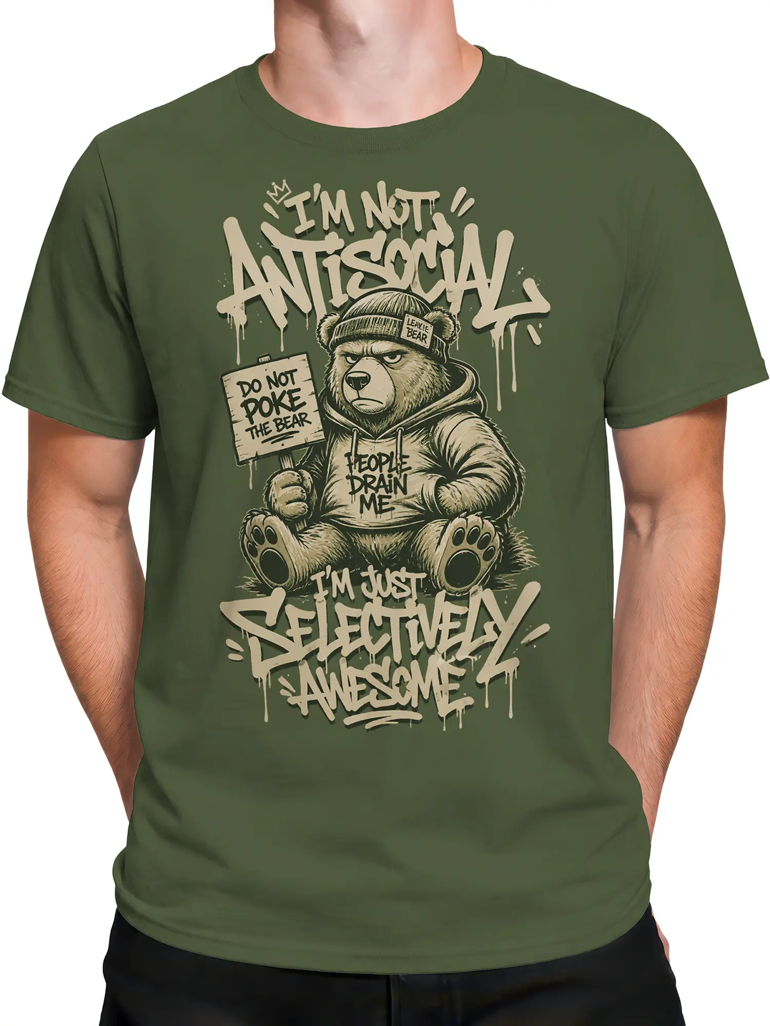 Male torso wearing a green bear T-shirt with selective awesome lettering and a do not poke bear sign