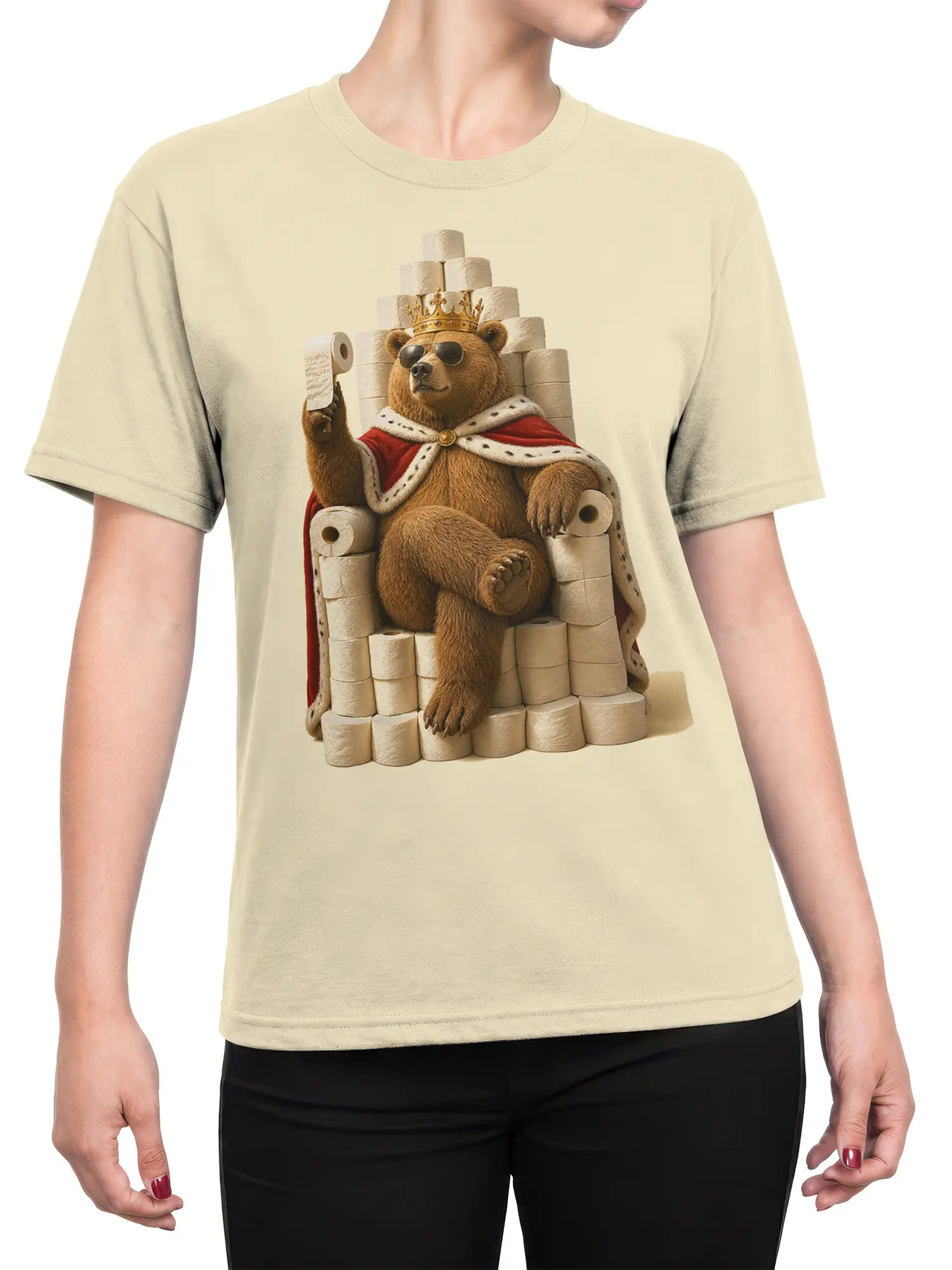 Female torso wearing a beige T-shirt with a crowned bear in sunglasses on a toilet paper throne