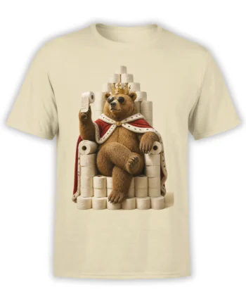 Crowned brown bear in sunglasses seated on a toilet paper throne on a beige T-shirt