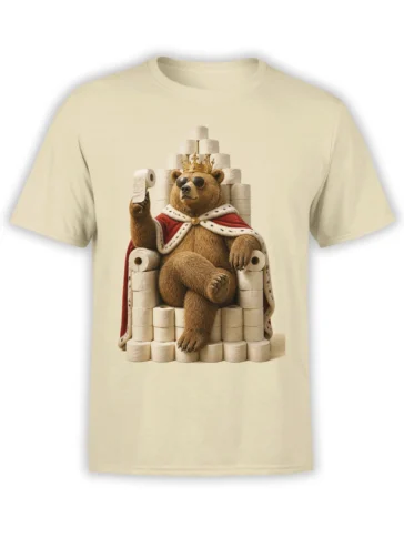 Crowned brown bear in sunglasses seated on a toilet paper throne on a beige T-shirt