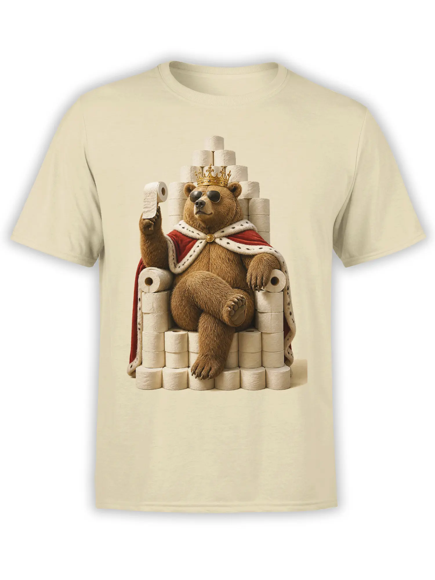 Crowned brown bear in sunglasses seated on a toilet paper throne on a beige T-shirt