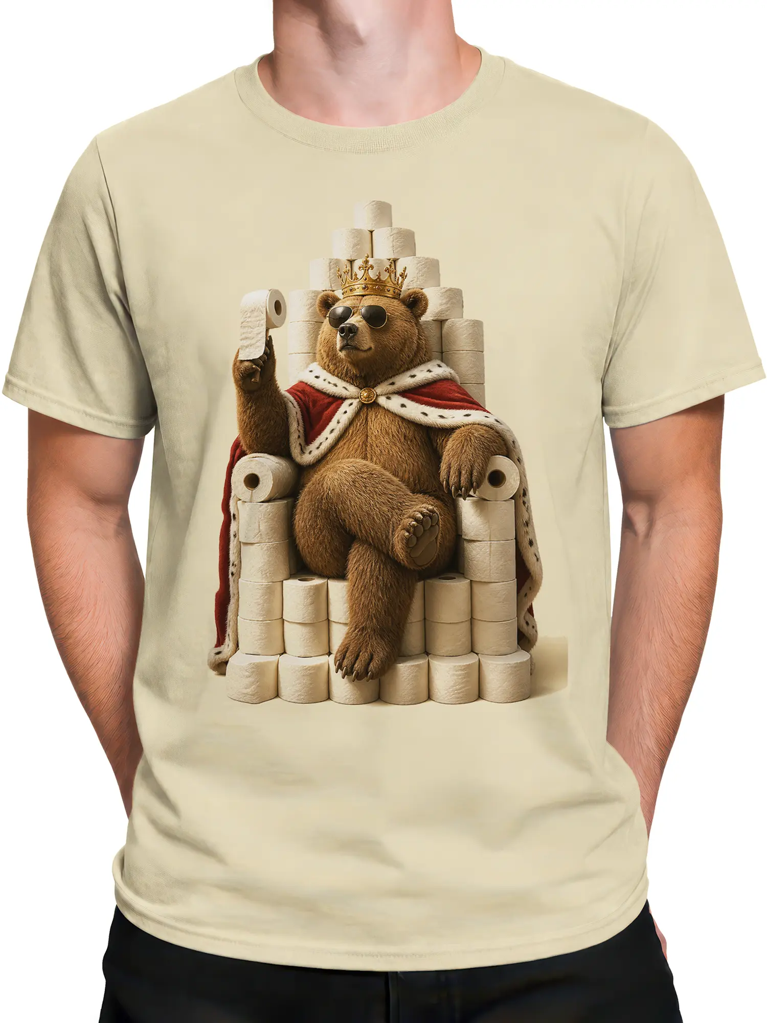 Male torso wearing a beige T-shirt with a crowned bear graphic on a toilet paper throne