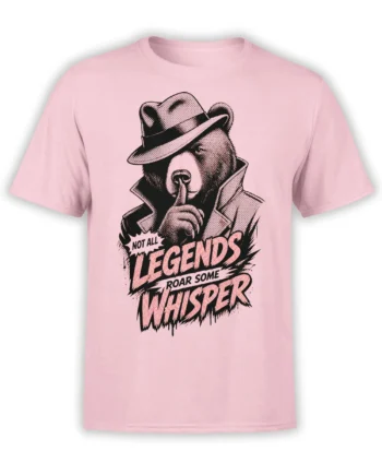 Pink T-shirt with a noir bear in a fedora and trench coat making a hush gesture