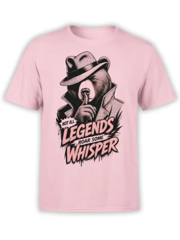 Pink T-shirt with a noir bear in a fedora and trench coat making a hush gesture