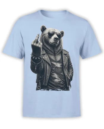 Rebellious bear in sunglasses and a studded leather jacket raising a middle finger on a light blue T-shirt