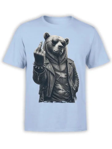 Rebellious bear in sunglasses and a studded leather jacket raising a middle finger on a light blue T-shirt