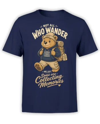 Backpacking bear wearing a knit cap and carrying a pack on a navy shirt with a memory-collecting message